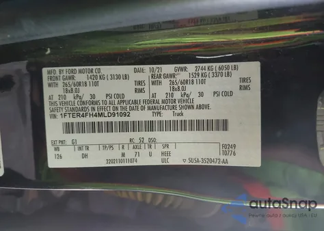 2021 Ford Ranger Lariat from USA, damaged, VIN 1FTER4FH4MLD91092